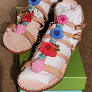 Kate Spade Tan and Pink Gladiator Sandals with Floral Accents Size 10